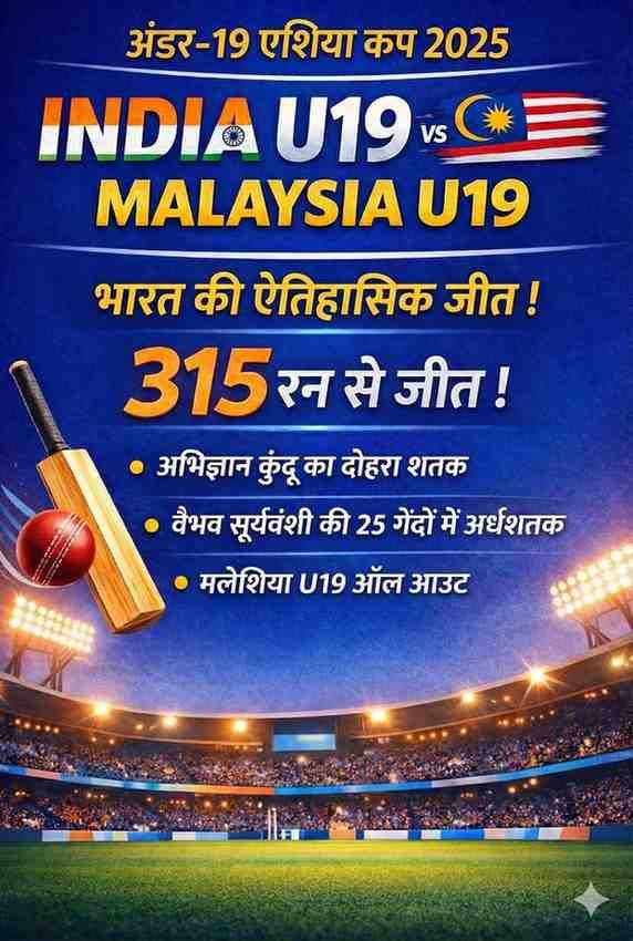 अंडर-19 एशिया कप 2025 में भारत U19 ने मलेशिया को 315 रन से हराकर बड़ी जीत दर्ज की। अभिज्ञान कुंडू का डबल शतक और वैभव सूर्यवंशी की तेज फिफ्टी ने मैच एकतरफा बना दिया। 10000617553779880636853064005
